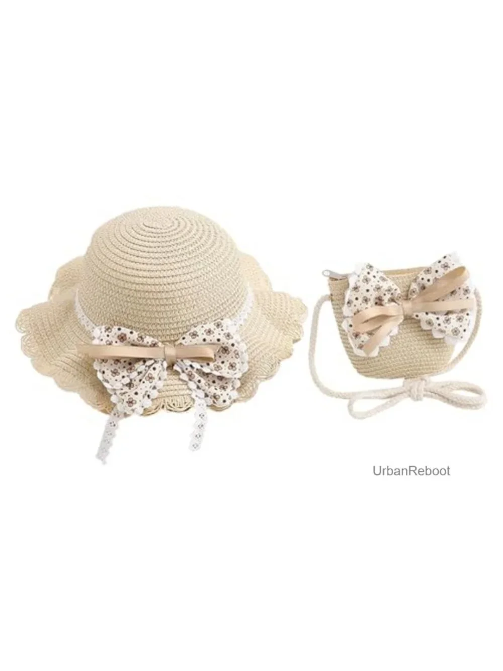Girls Straw Sun Hat with Shoulder Bag UPF 50+ Wide Brim Beach Cap